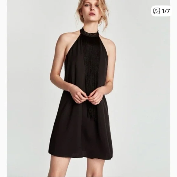 Zara Black Halter Tie Mini Dress with Long Fringe Detail - Picture 1 of 12